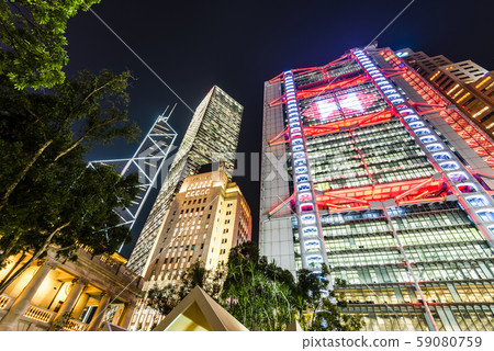 Central, Hong Kong -July 17, 2019: low angle view of modern office block buildings in Hong Kong. 59080759