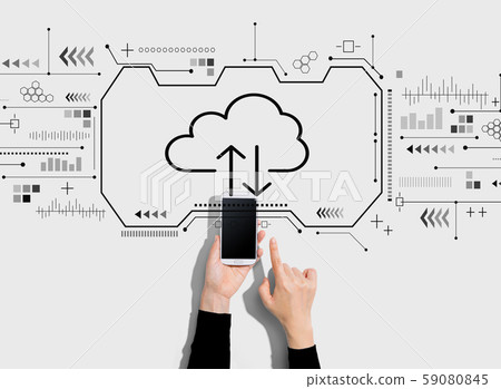 Cloud computing with person using a smartphone 59080845