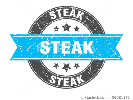 steak round stamp with turquoise ribbon. steak 59081171