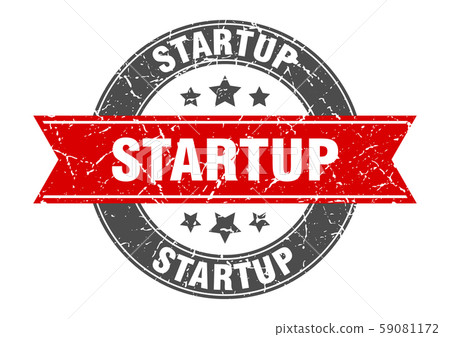 startup round stamp with red ribbon. startup 59081172
