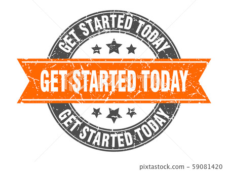 get started today round stamp with orange ribbon. get started today round stamp with orange ribbon. 59081420