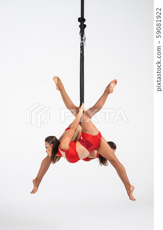 Twins female circus duo on the Aerial hoop isolated on white 59081922