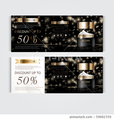 Gift voucher hydrating facial cream for annual sale or festival sale. black and gold cream mask bottle isolated on glitter particles background. Banner graceful cosmetic ads, illustration. 59082350