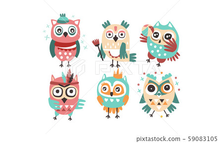 Set of humanized stylish owls. Vector illustration on a white background. Set of humanized stylish owls. Vector illustration on a white background. 59083105