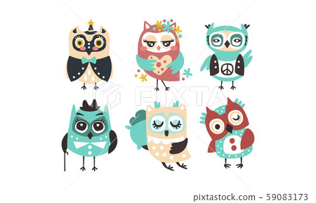 Set of cartoon owls. Vector illustration on a white background. Set of cartoon owls. Vector illustration on a white background. 59083173