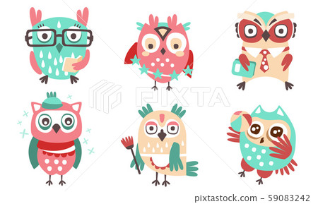Set of cute humanized owls with accessories. Vector illustration. 59083242