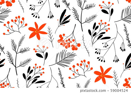 Black-red winter berries. Hand drawn floral seamless vector pattern. New year seamless pattern with 59084524