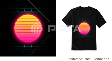 Retrowave yellow pink gradient glowing sun on blue laser grid background in starry space. VHS effect 59084533