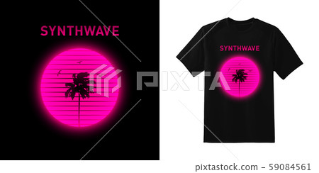 Synthwave. Miami beach palm tree and seagulls silhouettes on striped glowing sun background Synthwave. Miami beach palm tree and seagulls silhouettes on striped glowing sun background 59084561
