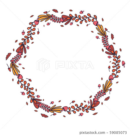Retro hand drawn set with autumn leaf and musgrooms in hexagon wreath for concept design. 59085073