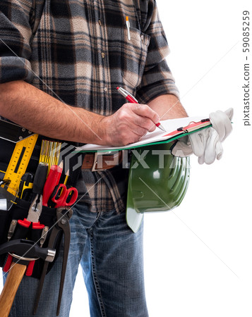 Carpenter with work tools on a white background. Carpenter with work tools on a white background. 59085259
