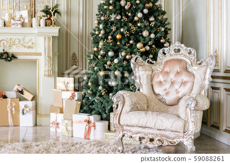 Christmas morning. Classic luxurious apartments with decorated christmas tree and presents. Living 59088261