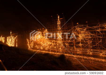 Traditional fire boat floating in Mekong river at 59091602
