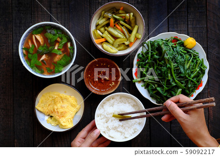Vietnamese food for lunch, vegetarian meal with vegetables Vietnamese food for lunch, vegetarian meal with vegetables 59092217