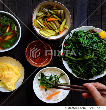 Vietnamese food for lunch, vegetarian meal with vegetables 59092218