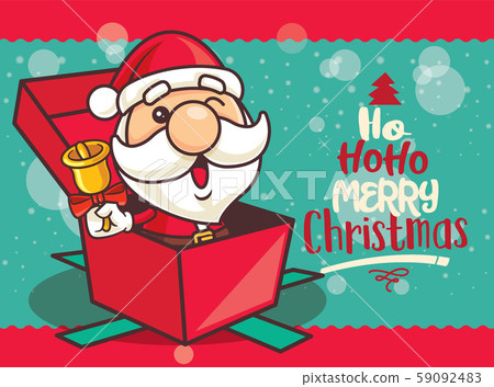 Merry Christmas! Santa Claus holding Christmas bell sit inside gift present wishing Merry Christmas. - vector 59092483