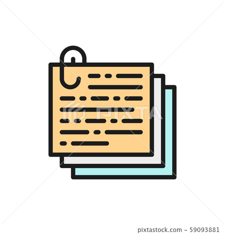 Stack of notes, documents with paperclip, recipe, text flat color icon. 59093881