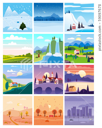Calendar set landscape winter, spring, summer,... - Stock Illustration ...