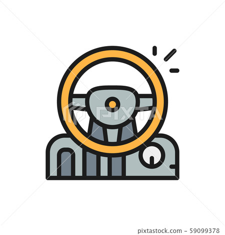 Game steering wheel with pedals and gearbox flat color line icon. Game steering wheel with pedals and gearbox flat color line icon. 59099378