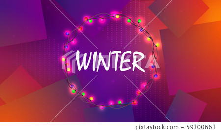 Christmas purple background with a round wreath with burning colored bulbs 59100661