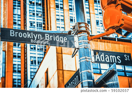 Street sign (nameplate) of Brooklyn Bridge and Street sign (nameplate) of Brooklyn Bridge and 59102037