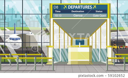 Airport terminal. Departure board above the gate with Genoa text. Travel to Italy cartoon Airport terminal. Departure board above the gate with Genoa text. Travel to Italy cartoon 59102652