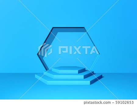 Pedestal or podium with steps and wall arch in the blue abstract background. 3D illustration Pedestal or podium with steps and wall arch in the blue abstract background. 3D illustration 59102653