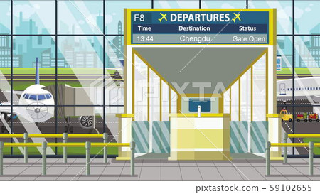 Airport terminal. Departure board above the gate with Chengdu text. Travel to China cartoon Airport terminal. Departure board above the gate with Chengdu text. Travel to China cartoon 59102655