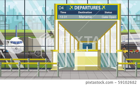 Airport terminal. Departure board above the gate with Manama text. Travel to Bahrain cartoon Airport terminal. Departure board above the gate with Manama text. Travel to Bahrain cartoon 59102682