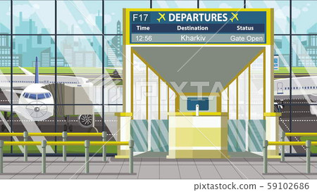 Flight to Kharkiv on airport departure board. Trip to Ukraine cartoon illustration Flight to Kharkiv on airport departure board. Trip to Ukraine cartoon illustration 59102686