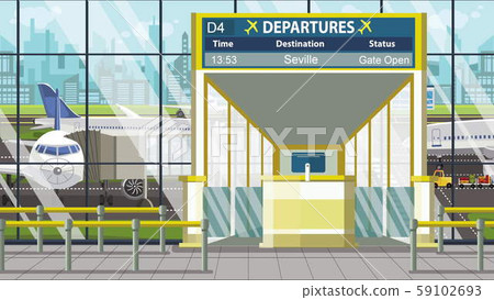 Flight to Seville on airport departure board. Trip to Spain cartoon illustration Flight to Seville on airport departure board. Trip to Spain cartoon illustration 59102693