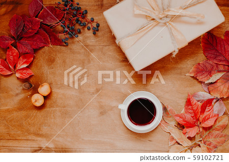 background of yellow autumn leaves Tea Cup and food background of yellow autumn leaves Tea Cup and food 59102721