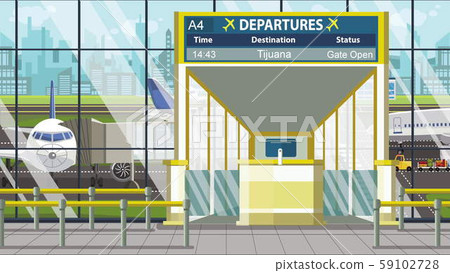 Flight to Tijuana on airport departure board. Trip to Mexico cartoon illustration Flight to Tijuana on airport departure board. Trip to Mexico cartoon illustration 59102728