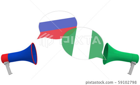 Flags of Nigeria and Russia on speech bubbles with loudspeakers. Intercultural dialogue or Flags of Nigeria and Russia on speech bubbles with loudspeakers. Intercultural dialogue or 59102798
