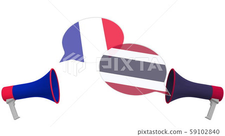 Flags of Thailand and France on speech bubbles with loudspeakers. Intercultural dialogue or Flags of Thailand and France on speech bubbles with loudspeakers. Intercultural dialogue or 59102840