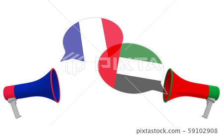 Flags of the UAE and France on speech balloons from megaphones. Intercultural dialogue or Flags of the UAE and France on speech balloons from megaphones. Intercultural dialogue or 59102908