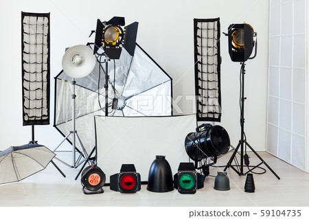 Photo studio equipment flash light accessories photographer on white background 59104735