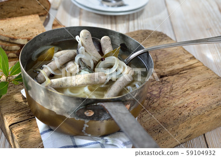 Bavarian food with cooked Nuremberg sausages Bavarian food with cooked Nuremberg sausages 59104932