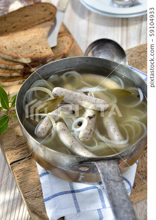 Bavarian food with cooked Nuremberg sausages Bavarian food with cooked Nuremberg sausages 59104933