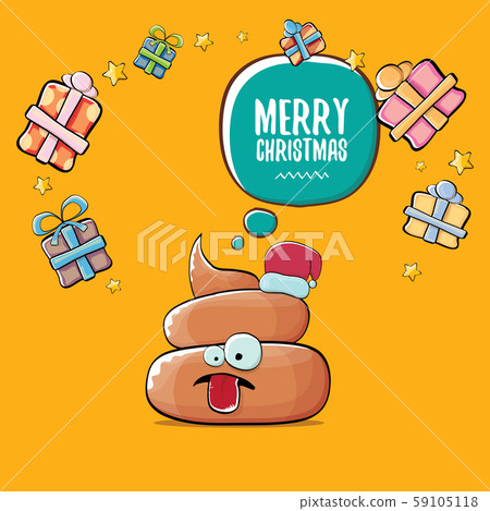 vector funny cartoon cool cute brown smiling poo icon with santa with red hat, christmas gift boxes vector funny cartoon cool cute brown smiling poo icon with santa with red hat, christmas gift boxes 59105118