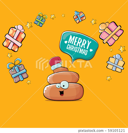 vector funny cartoon cool cute brown smiling poo icon with santa with red hat, christmas gift boxes vector funny cartoon cool cute brown smiling poo icon with santa with red hat, christmas gift boxes 59105121