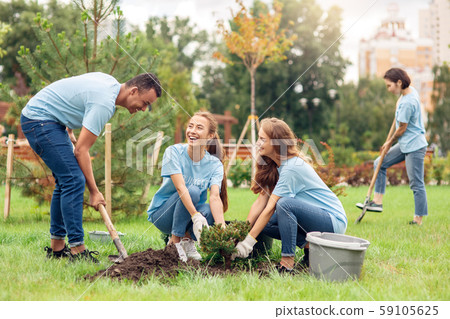 Volunteering. Young people volunteers outdoors planting trees digging ground talking cheerful 59105625