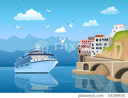 Landscape with Great cruise liner near coast with buildings and houses, tourism 59106456