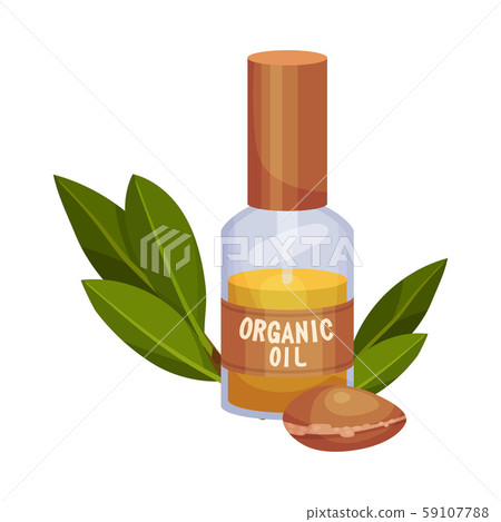 Jojoba Organic Oil Bottle with Jojoba Branch Next to It Vector Illustration 59107788