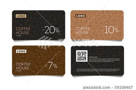 Discount card or voucher for coffee house with line pattern of coffee beans, cups and breakfast food Discount card or voucher for coffee house with line pattern of coffee beans, cups and breakfast food 59108407