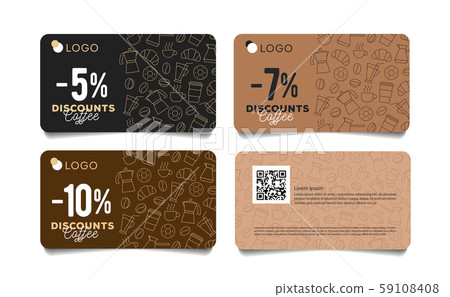 Discount card or voucher with line pattern of coffee beans, cups and breakfast food Discount card or voucher with line pattern of coffee beans, cups and breakfast food 59108408