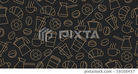 Seamless pattern of line icons of coffee beans, cups, donuts, croissants, Cezve, coffee to go Seamless pattern of line icons of coffee beans, cups, donuts, croissants, Cezve, coffee to go 59108437