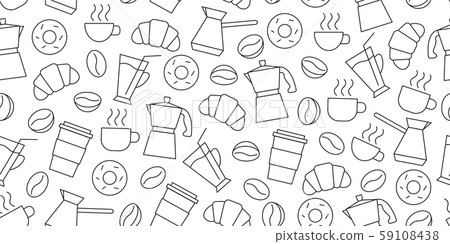 Shopping seamless pattern of line icons of coffee beans, cups, donuts, croissants, Cezve, coffee to 59108438