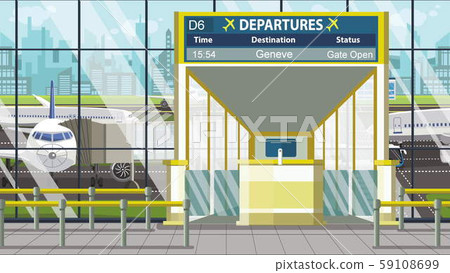 Airport departure board with Geneve caption. Travel in Switzerland related cartoon illustration Airport departure board with Geneve caption. Travel in Switzerland related cartoon illustration 59108699