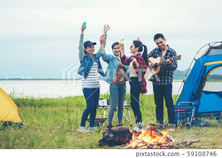 Party Camping.  Group asian family and friends  59108746